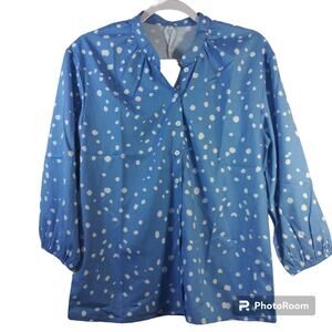Blue Polka Dot Casual Button Front Blouse Size M